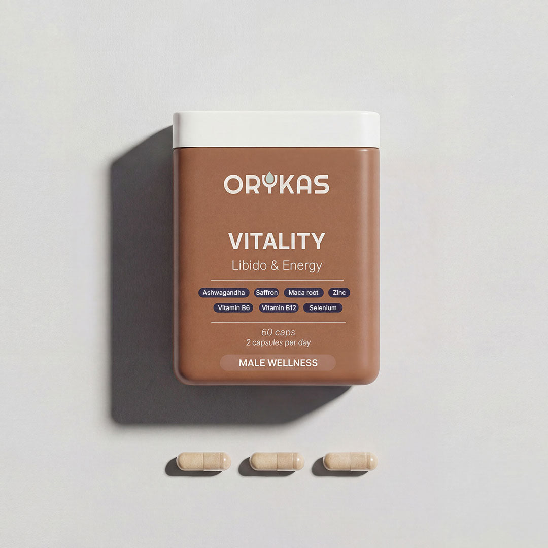Orykas Vitality supplement bottle – natural formula to boost men's energy, libido, and overall vitality