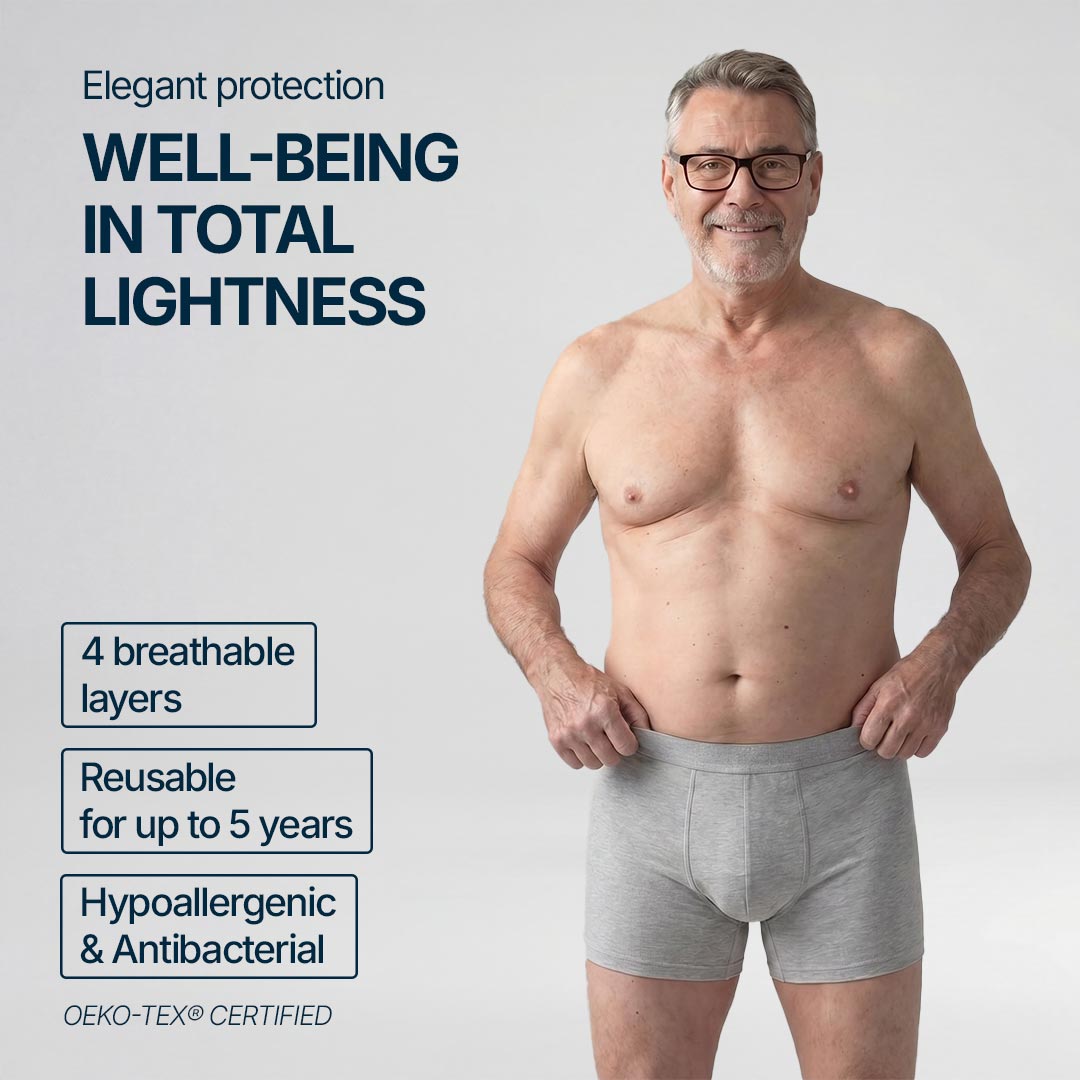 Senior man wearing grey Orykas absorbent boxer briefs for light bladder leaks, providing elegant everyday comfort, featuring 4 breathable layers, reusable for up to 5 years, hypoallergenic and antibacterial, OEKO-TEX certified for safe and reliable protection.