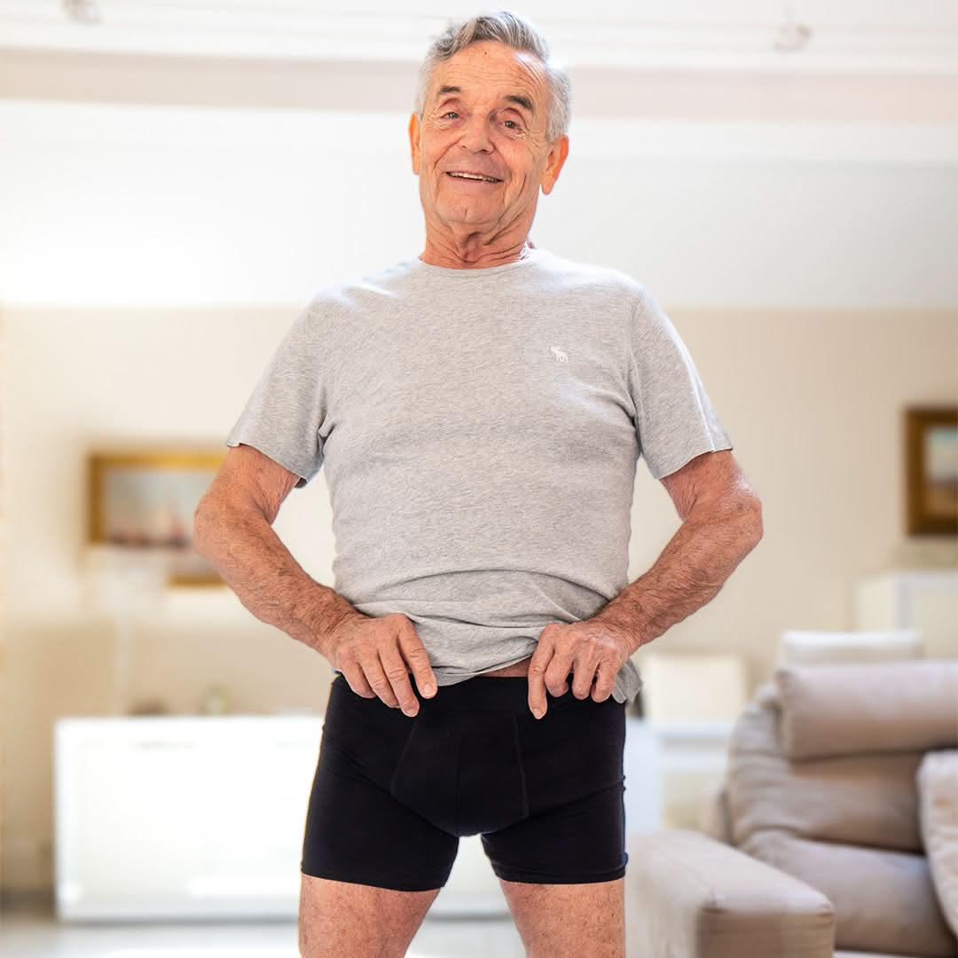 Front view of black Orykas men's washable incontinence boxer briefs – ultra-absorbent bamboo fiber underwear designed for comfortable and discreet everyday wear