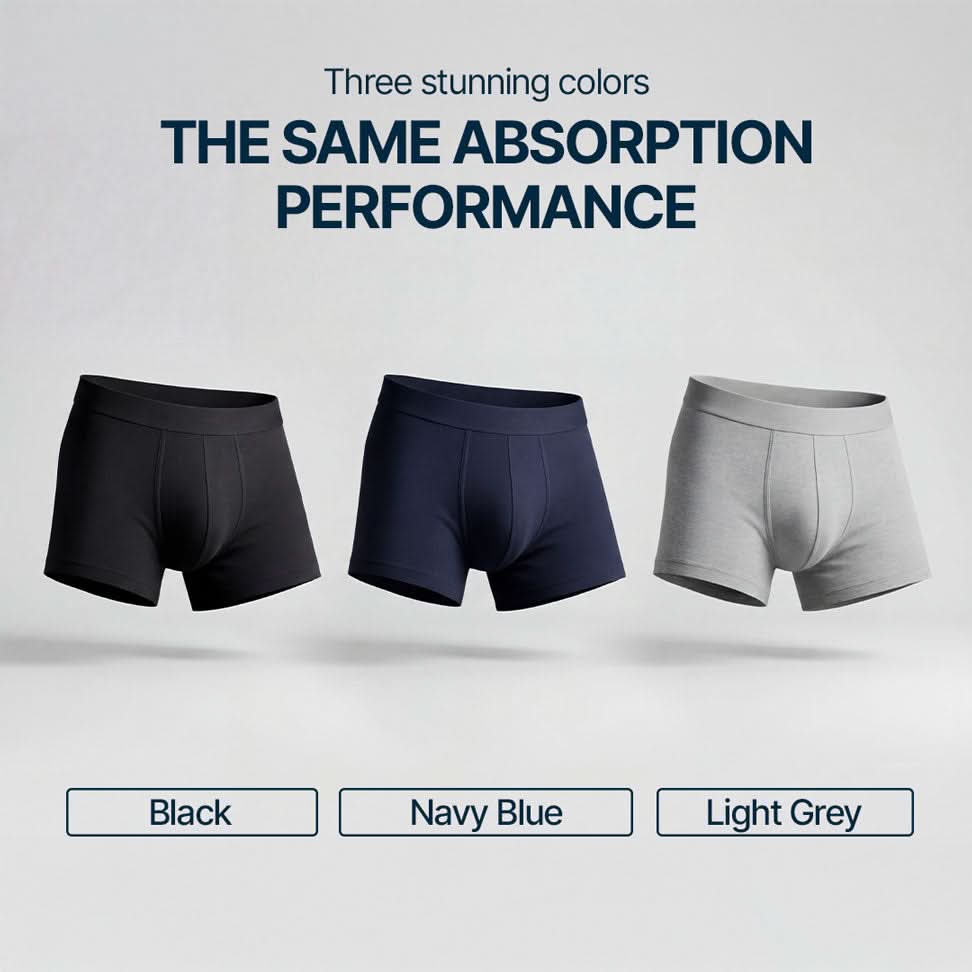 Three Orykas absorbent boxers for men in black, navy, and light gray, designed for light to moderate bladder leaks, offering the same absorption technology, comfort, and discretion in each color.
