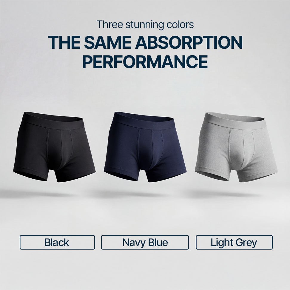 Three Orykas absorbent boxers for men in black, navy, and light gray, designed for light to moderate bladder leaks, offering the same absorption technology, comfort, and discretion in each color.