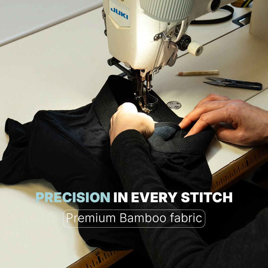 Orykas manufacturing workshop featuring precise stitching of premium bamboo fiber underwear, quality control inspection, and refined finishing details for high-performance men’s and women’s incontinence protection.