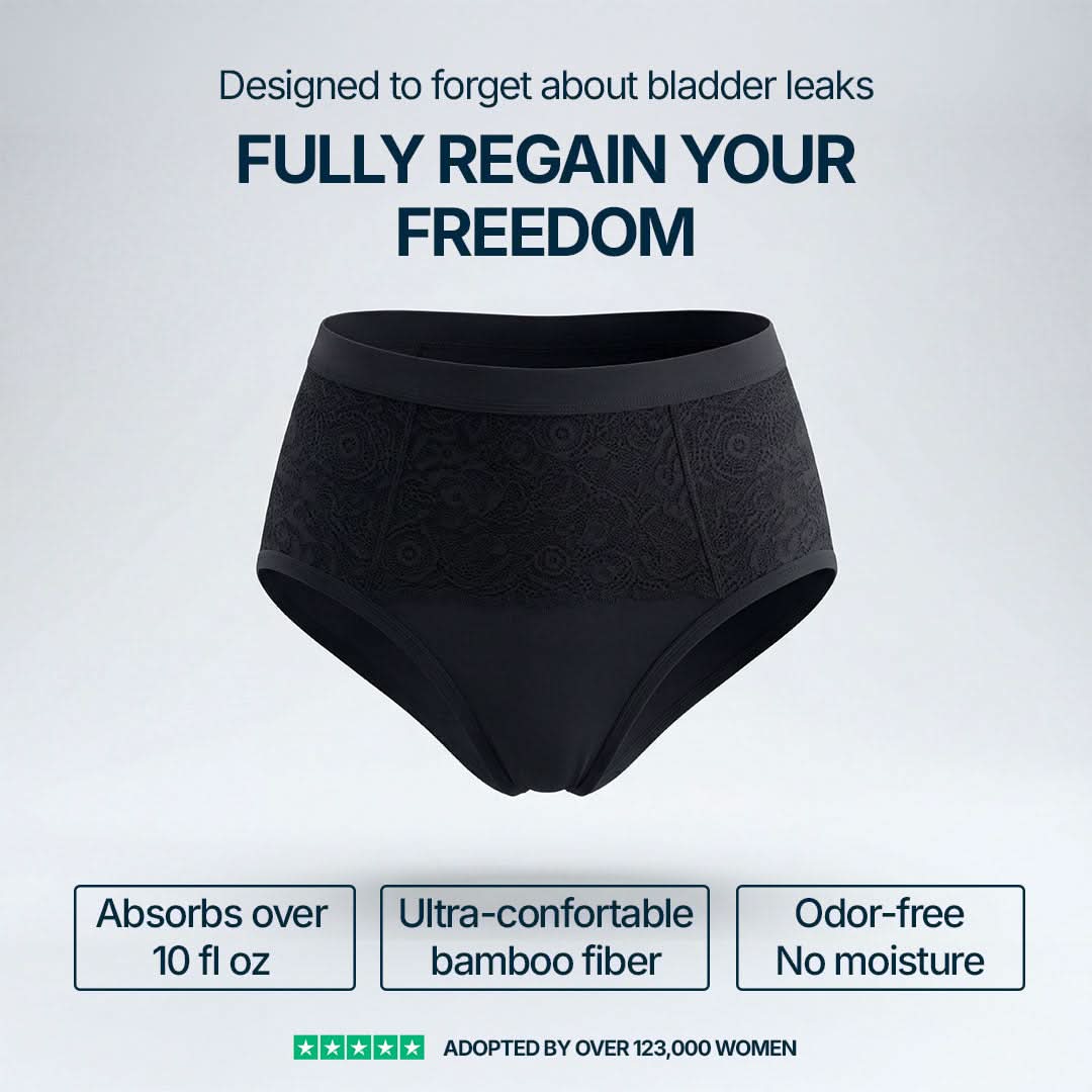 High-waisted black absorbent underwear for female incontinence with elegant lace detailing, absorbs over 10 fl oz, made from ultra-soft breathable bamboo fiber, odor-resistant and moisture-locking for all-day dryness.