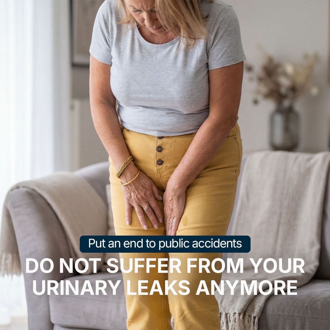 Woman experiencing bladder leaks at home, illustrating the challenges of female incontinence and public accidents, featuring a discreet and reusable solution for light to moderate urinary leakage.