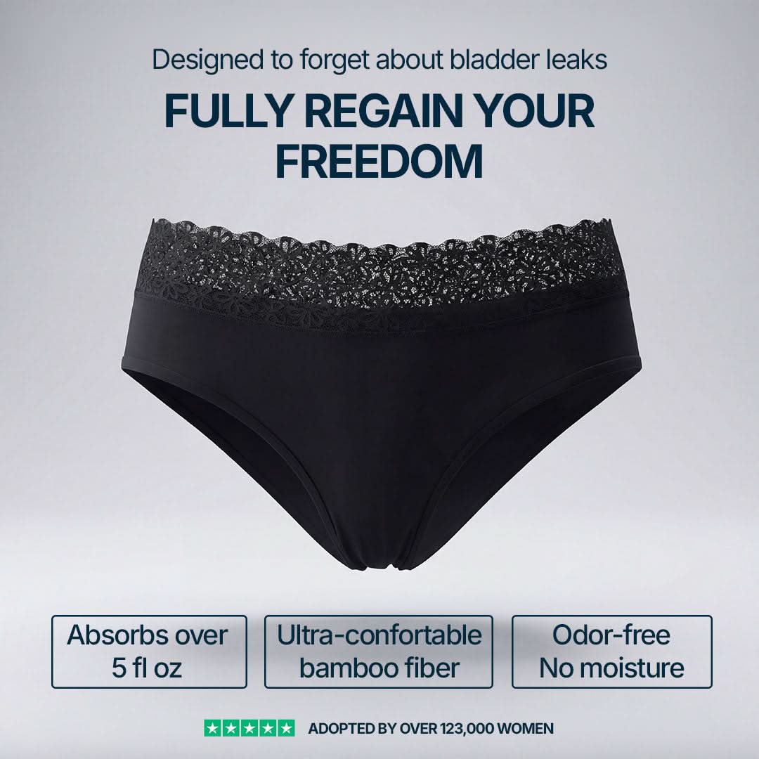 Black absorbent underwear with elegant lace for female incontinence, absorbs over 5 fl oz, made from ultra-soft breathable bamboo fiber, odor-resistant and moisture-locking, trusted by more than 123,000 women.