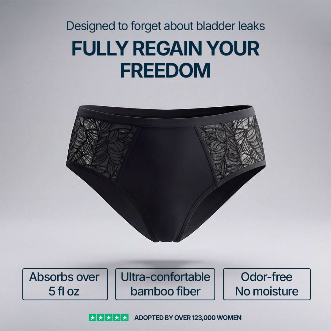 Black lace side-detail absorbent underwear for female incontinence, absorbs over 5 fl oz , made from ultra-soft breathable bamboo fabric, odor-resistant and moisture-locking, trusted by more than 123,000 women for discreet bladder leak protection.
