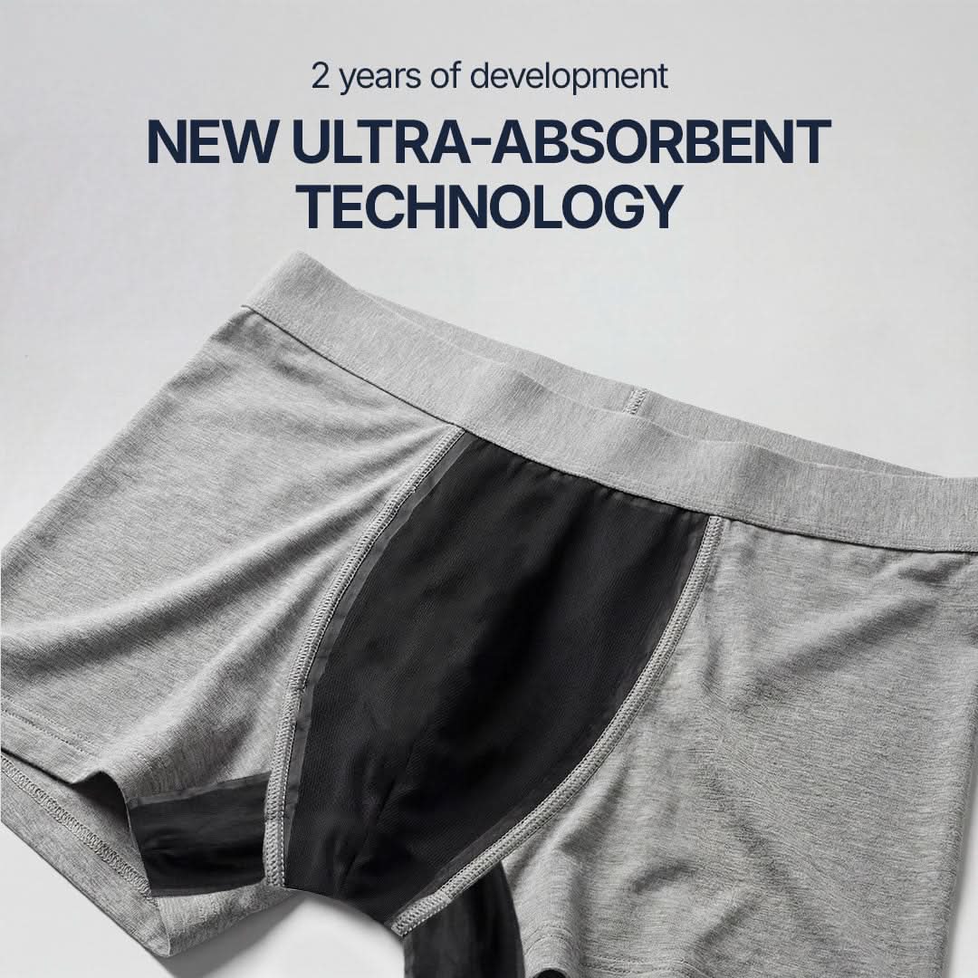 Light gray absorbent boxer briefs with reinforced absorption zone, featuring new ultra-absorbent technology developed over 2 years, washable and discreet underwear for light bladder leaks, delivering optimal comfort and reliable everyday protection.
