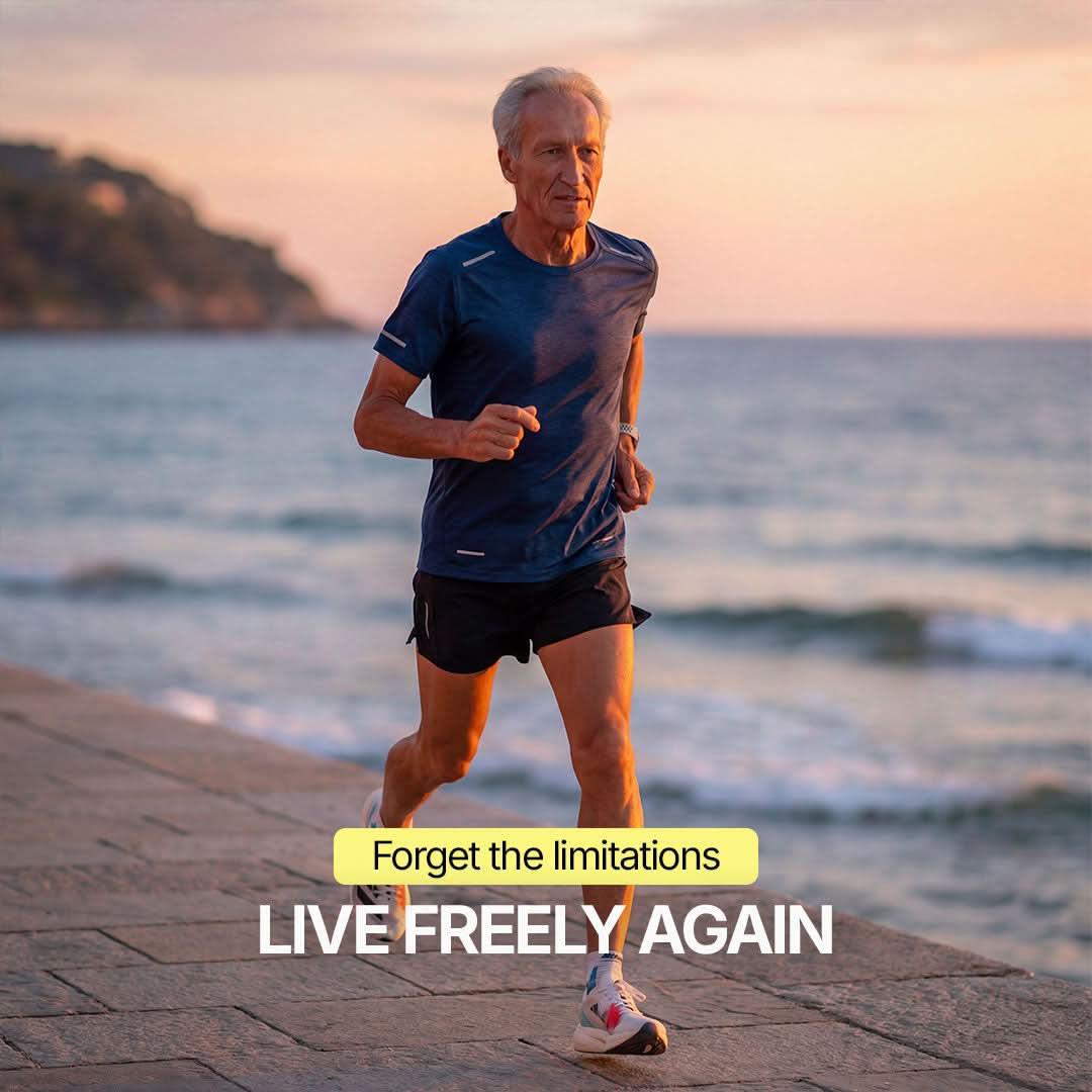 Senior man in sportswear running by the ocean at sunset, dynamic and inspiring atmosphere with the message “Forget the limitations” and “Live freely again,” illustrating renewed freedom and everyday confidence despite bladder leaks.