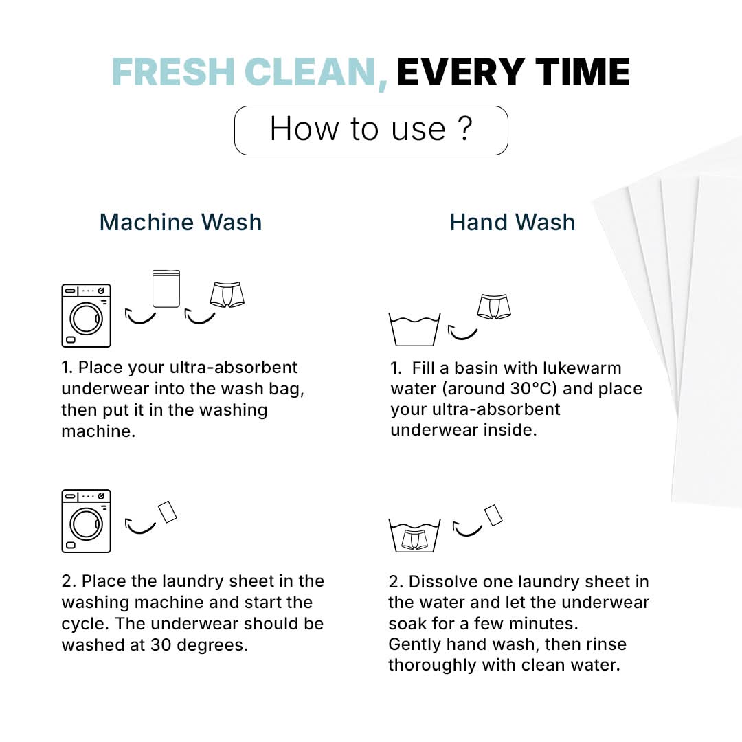Orykas antibacterial laundry sheets usage instructions: machine wash using a laundry bag or hand wash in a basin of lukewarm water to care for ultra-absorbent underwear.