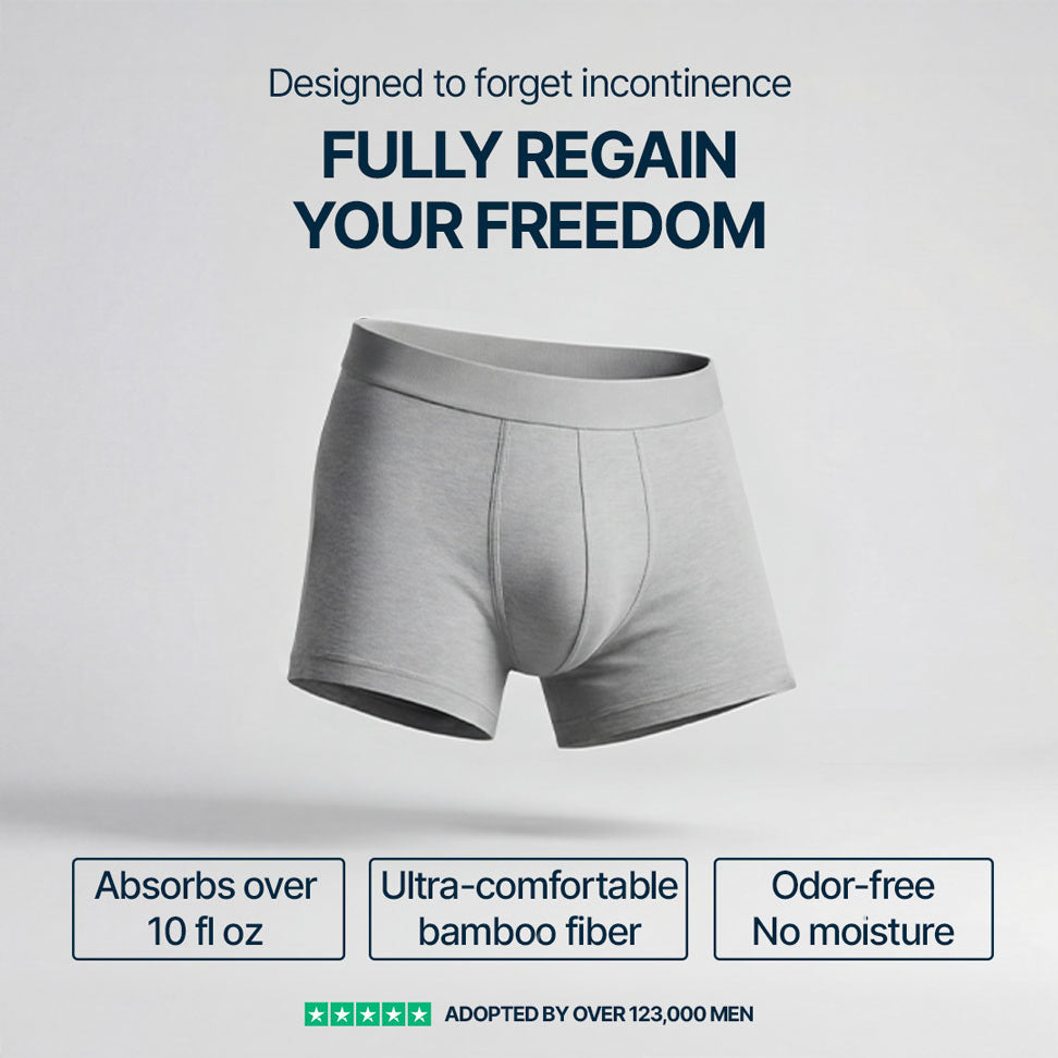 Senior man wearing light gray Orykas absorbent boxer briefs for incontinence – washable bamboo fiber underwear with comfortable fit and reliable leak protection