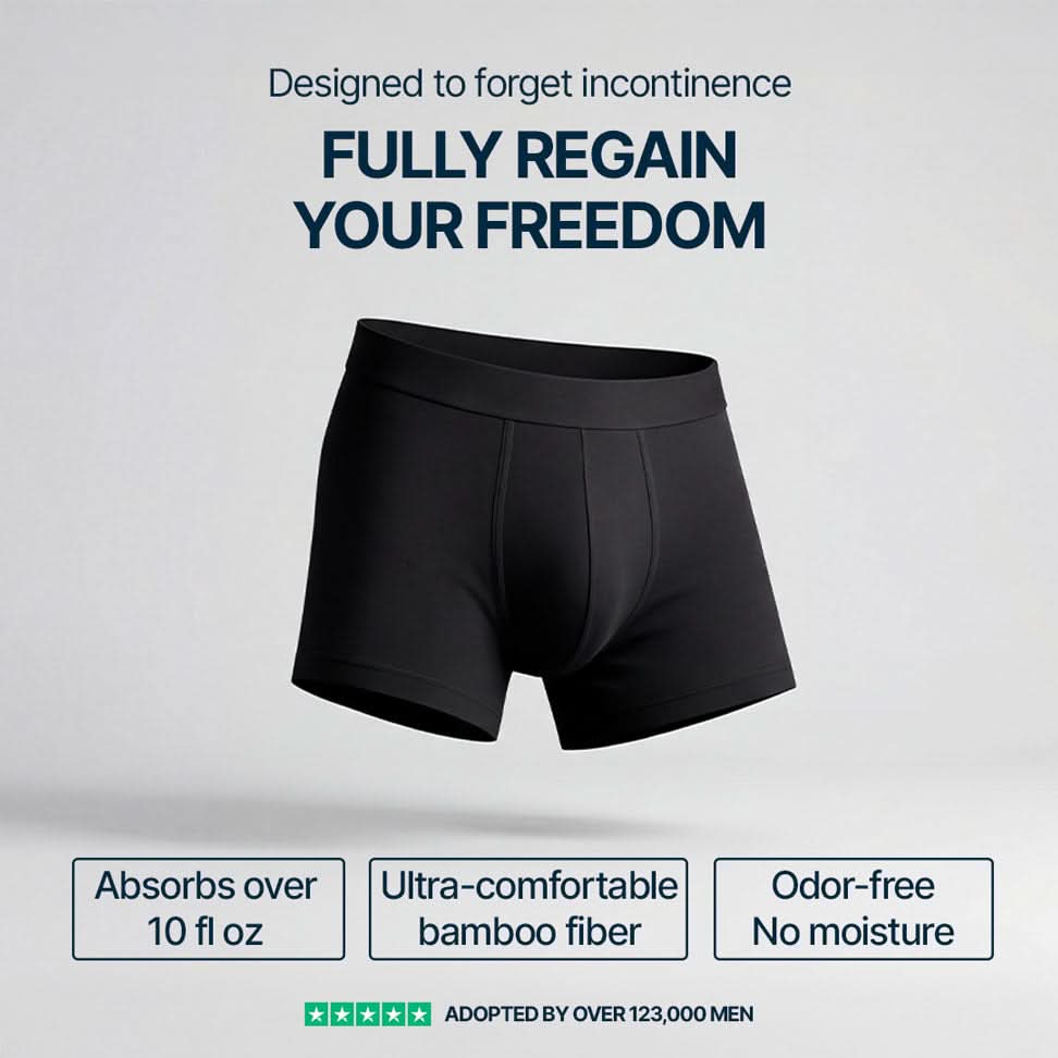 Black absorbent boxer briefs for men designed for incontinence, washable model made from ultra-soft breathable bamboo fiber, absorbs over 10 fl oz with odor control and no damp feeling, discreet underwear trusted by more than 123,000 men to regain full freedom and confidence every day.