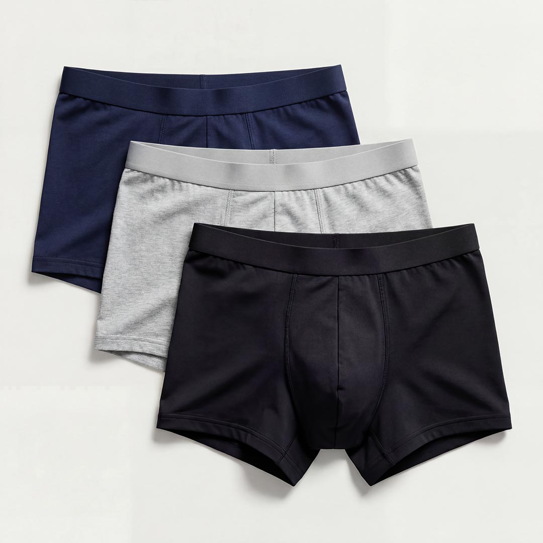 3-pack Orykas men's washable incontinence boxer briefs in black, gray, and navy blue – bamboo fiber underwear set for complete bladder leak protection in any style