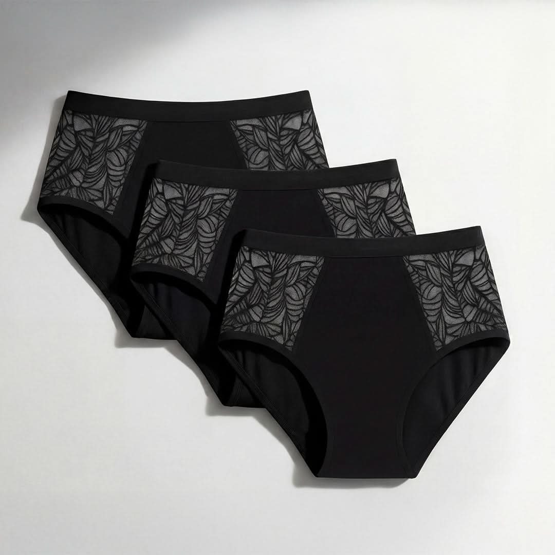 3-pack of black absorbent lace underwear with elegant side lace detail for female incontinence, washable and reusable protection designed as a discreet solution for light to moderate bladder leaks.