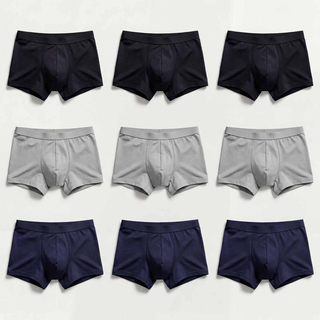 Orykas Everyday Color Set – 9-pack men's washable incontinence boxer briefs in black, gray, and navy blue, ultra-absorbent bamboo fiber with reliable leak protection
