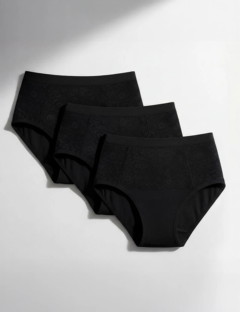 Three-pack of black absorbent underwear for female incontinence, high-waisted design with elegant lace detailing, washable and reusable solution for light to moderate bladder leaks.