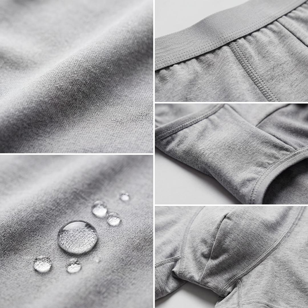 Close-up of light gray Orykas bamboo fiber men's incontinence boxer briefs showing multi-layer patchwork absorption zone for maximum bladder leak protection