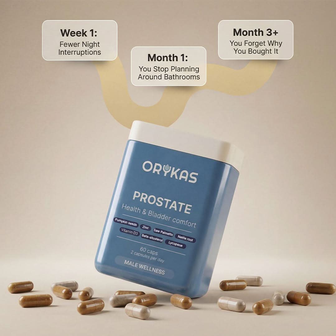 Orykas Prostate Health capsules close-up – premium natural supplement formulated to support prostate health and reduce bladder leak frequency in men