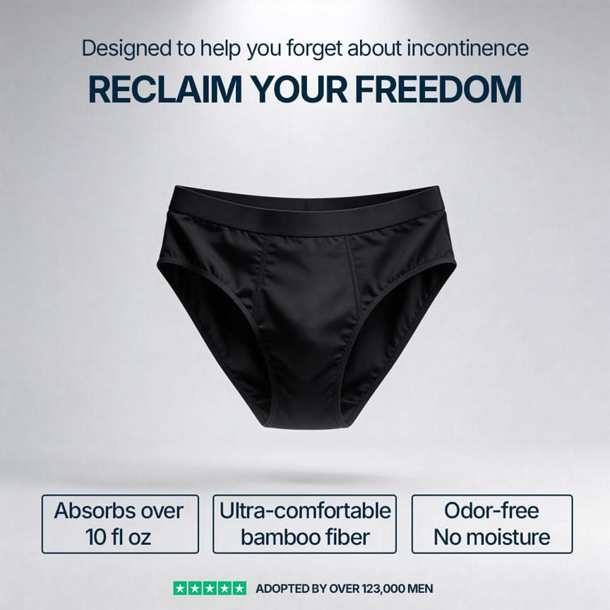 Visual of black Orykas absorbent briefs on a neutral background, designed to help forget incontinence, highlighting absorption over 10 fl oz, ultra-soft breathable bamboo fiber, and odor-free, moisture-locking protection for all-day comfort.