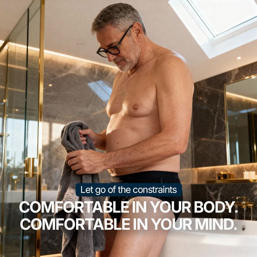 Adult man wearing black Orykas absorbent underwear in a modern bathroom, holding a towel after a shower, illustrating everyday comfort, freedom of movement, and discreet protection against bladder leaks.