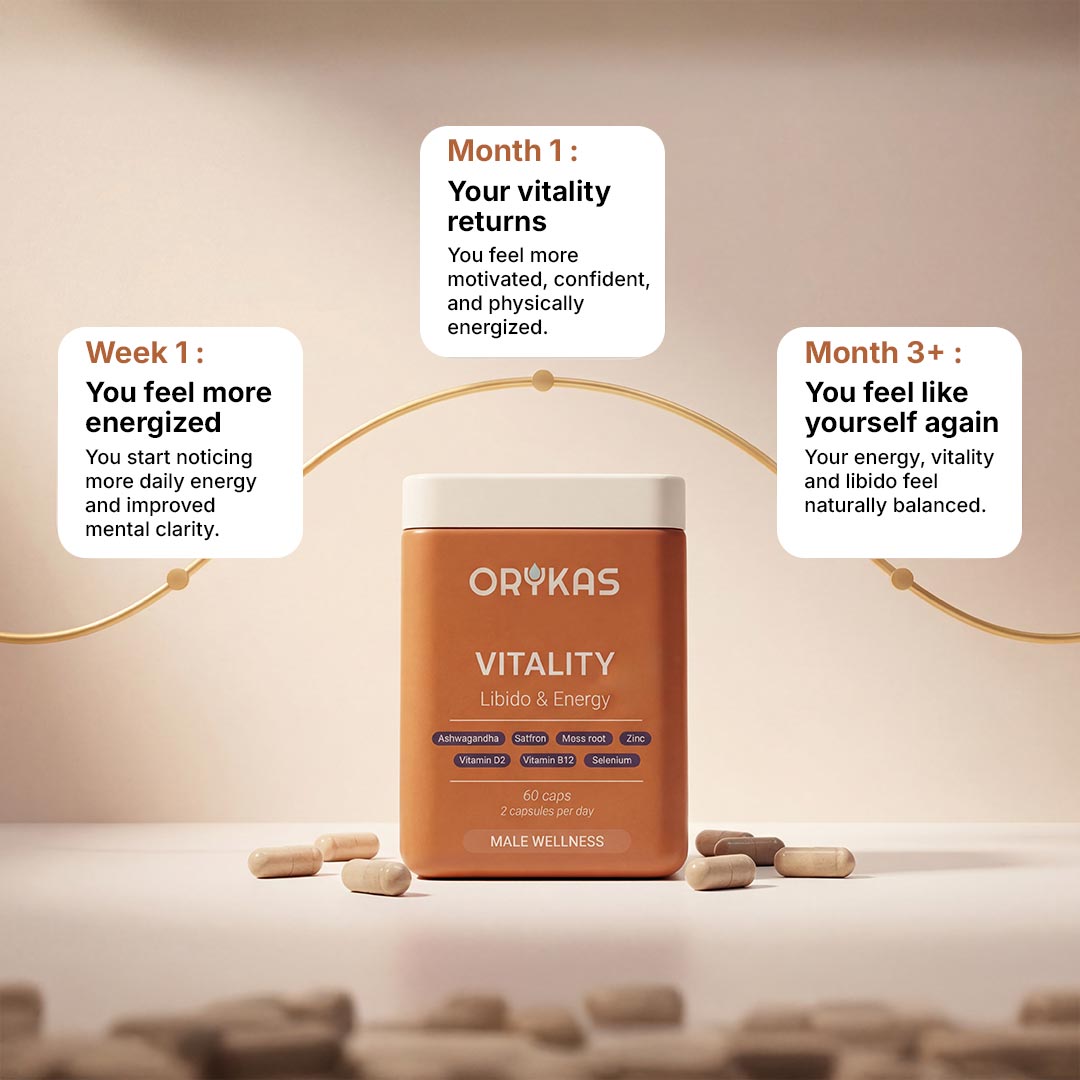 Active senior man experiencing renewed energy after taking Orykas Vitality – natural supplement for men's energy, libido, and vitality support