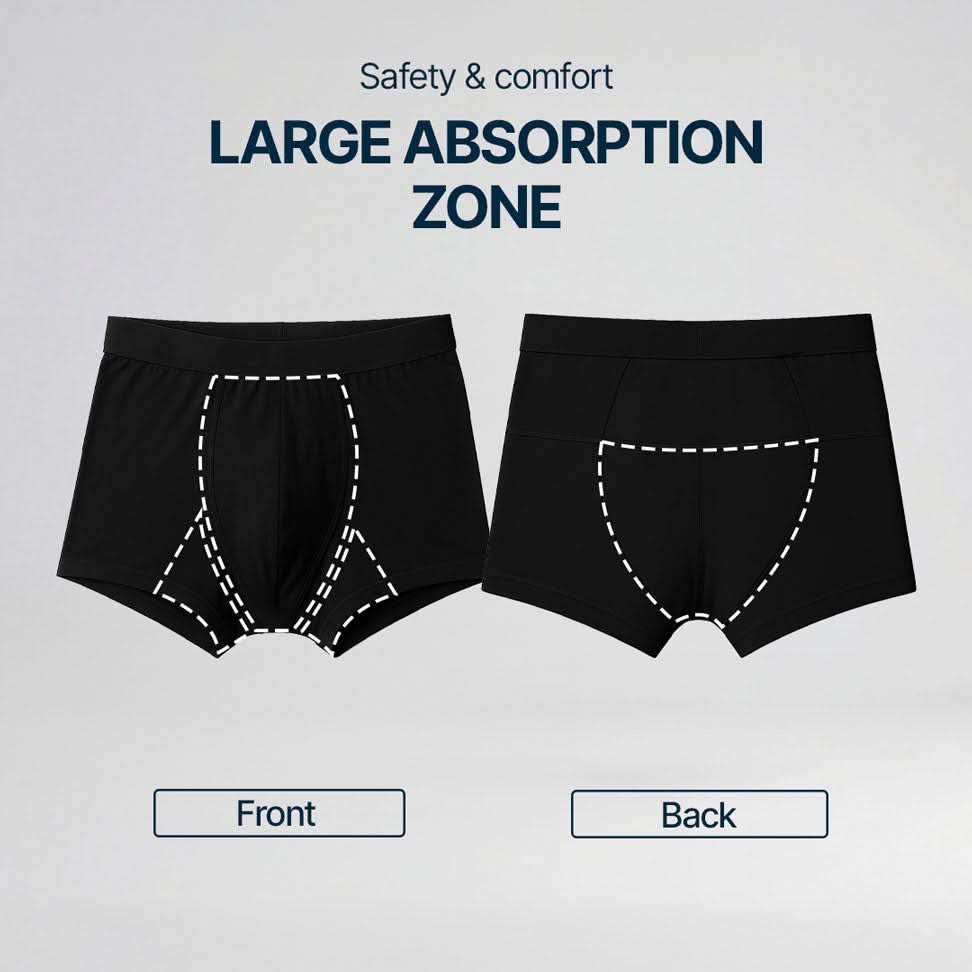 Illustration of black Orykas boxer briefs highlighting the extended absorption zone at the front and back with dotted outlines, demonstrating enhanced security and comfort for light to moderate bladder leaks.