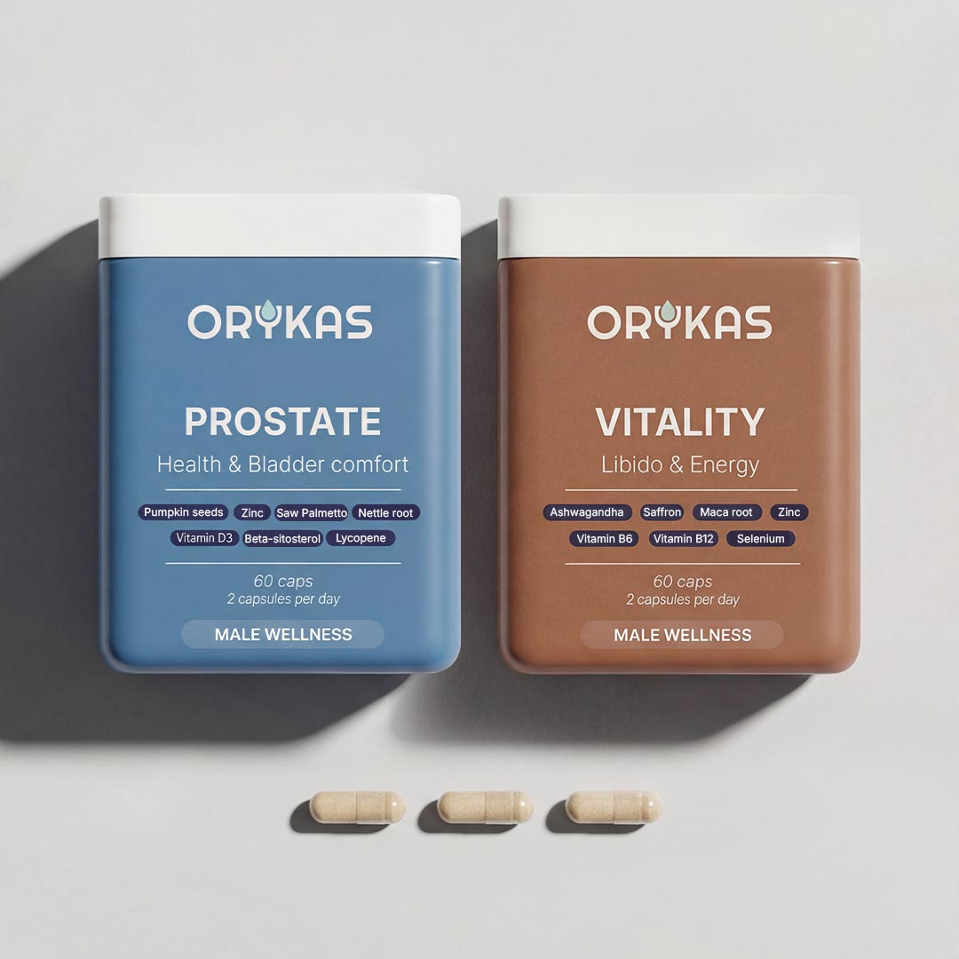 Orykas Prostate Health + Vitality combo bundle – two supplement bottles for comprehensive men's wellness supporting urinary control, energy, and libido
