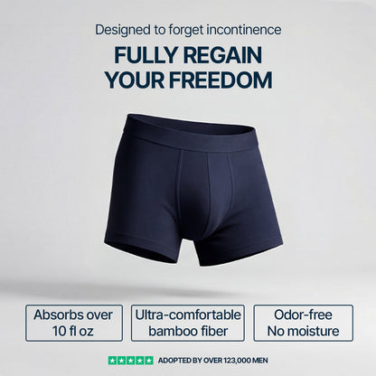 Senior man wearing navy blue Orykas absorbent boxer briefs for incontinence – discreet washable bamboo fiber underwear with comfortable fit and reliable leak protection