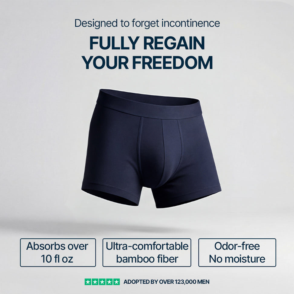 Senior man wearing navy blue Orykas absorbent boxer briefs for incontinence – discreet washable bamboo fiber underwear with comfortable fit and reliable leak protection