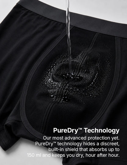 Four-layer absorbent technology of Orykas boxer briefs — retains up to 3.4 fl oz of liquid for light leaks