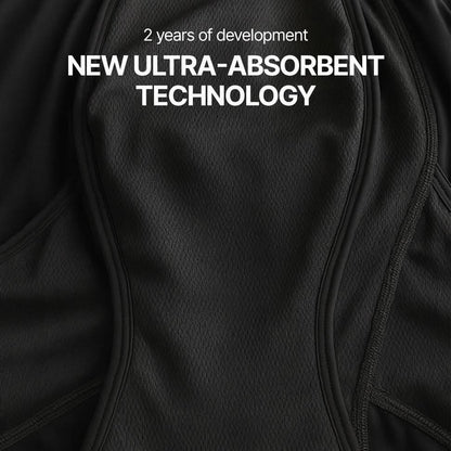 Close-up of the absorption zone on black Orykas boxer briefs, showcasing fabric texture and stitching details, illustrating the new ultra-absorbent technology developed over 2 years for light to moderate bladder leaks.