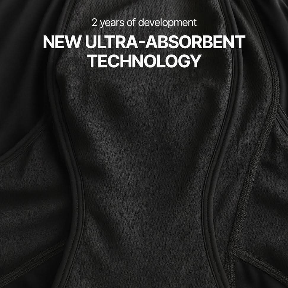 Close-up of the absorption zone on black Orykas boxer briefs, showcasing fabric texture and stitching details, illustrating the new ultra-absorbent technology developed over 2 years for light to moderate bladder leaks.