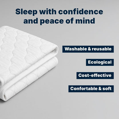 Folded white waterproof mattress protector pad for incontinence, washable and reusable bed protection designed for heavy bladder leaks, eco-friendly, cost-effective, and soft for comfortable overnight protection and peace of mind.