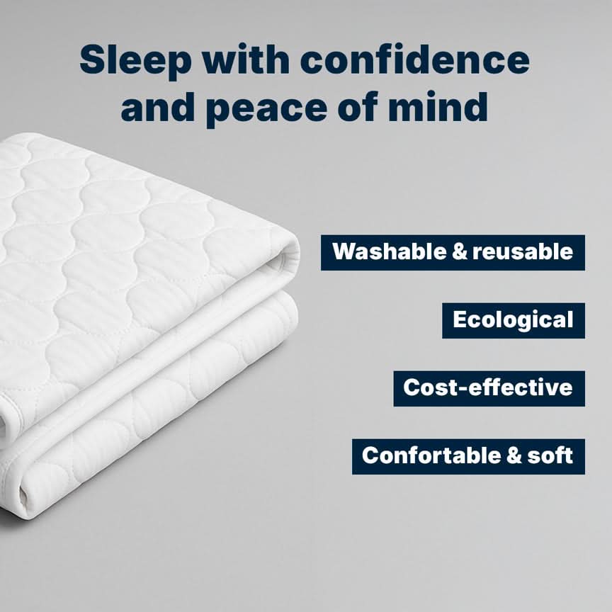 Folded white waterproof mattress protector pad for incontinence, washable and reusable bed protection designed for heavy bladder leaks, eco-friendly, cost-effective, and soft for comfortable overnight protection and peace of mind.