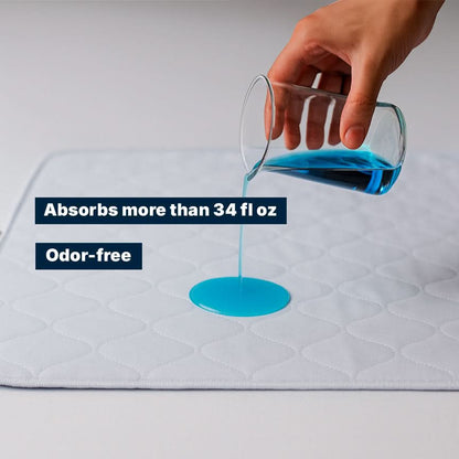 Hand pouring blue liquid onto a white waterproof mattress protector pad, demonstrating high-absorbency bed protection that absorbs over 34 fl oz, odor-free and designed for incontinence and heavy bladder leaks.