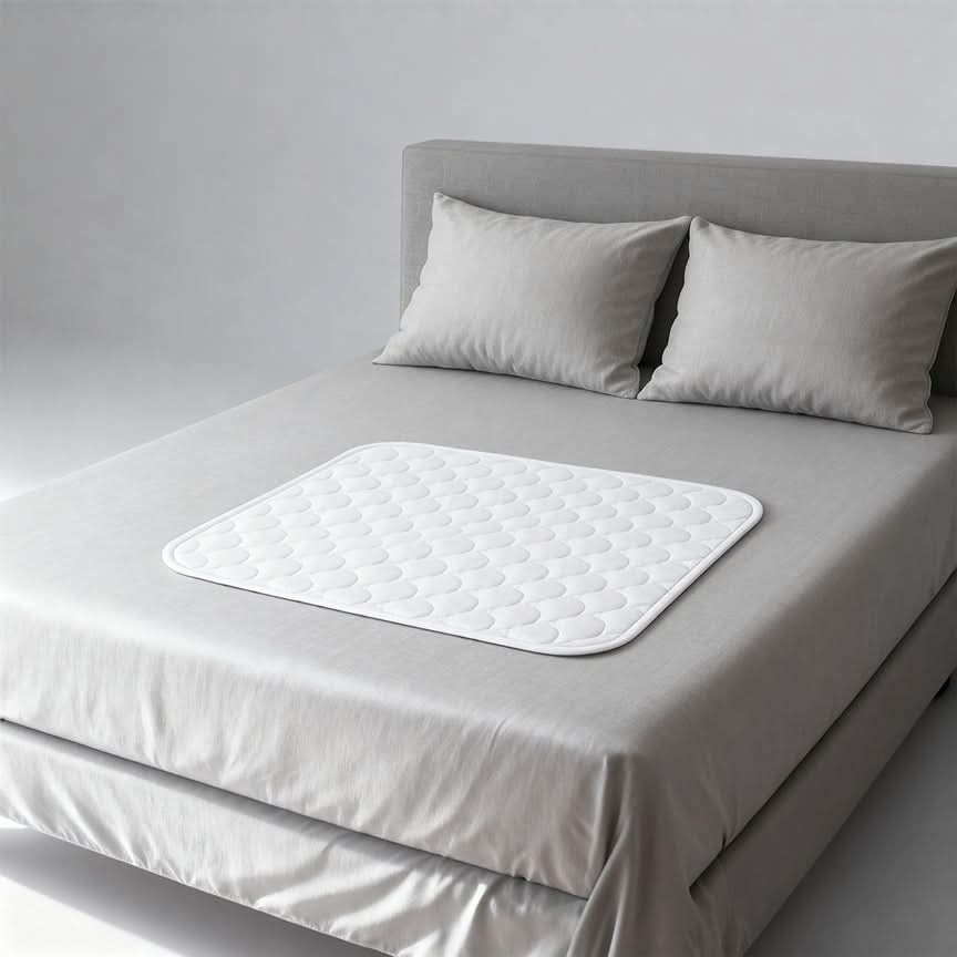 White protective bed pad placed on a bed with gray sheets, absorbent and waterproof mattress protection ideal for incontinence or bladder leaks, washable and reusable for discreet bedding protection.