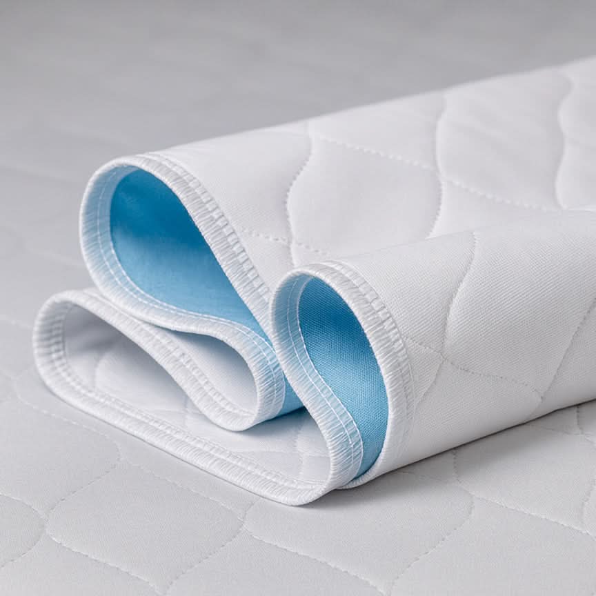 Close-up of a folded white protective bed pad with blue inner lining, absorbent and waterproof mattress protector ideal for incontinence or bladder leaks, washable and reusable to help preserve bedding and extend mattress life.