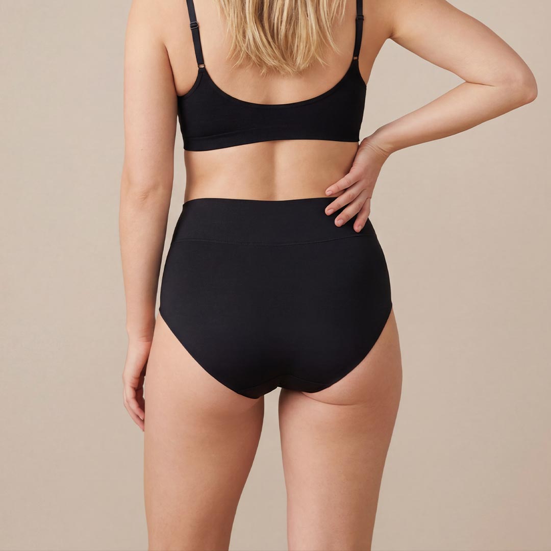 Back view of Orykas women's high-waist washable incontinence panties showing full coverage design and breathable bamboo fiber fabric for comfortable daily leak protection