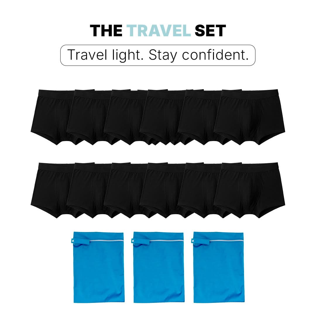 Visual of an Orykas travel pack featuring multiple black absorbent boxer briefs and three blue zippered storage pouches, a practical and discreet solution for traveling with confidence despite light to moderate bladder leaks.