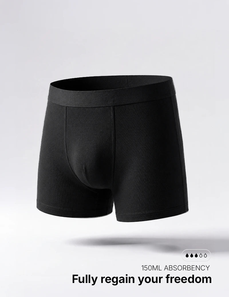 Black Orykas absorbent boxer briefs for men — discreet washable incontinence underwear for daily wear