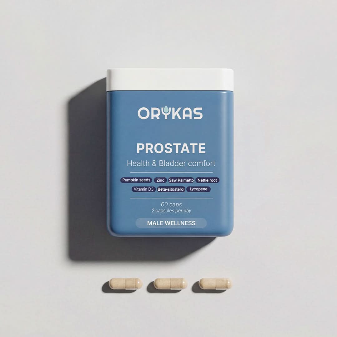 Orykas Prostate Health supplement bottle – natural formula to support prostate function and help reduce urinary incontinence symptoms in men