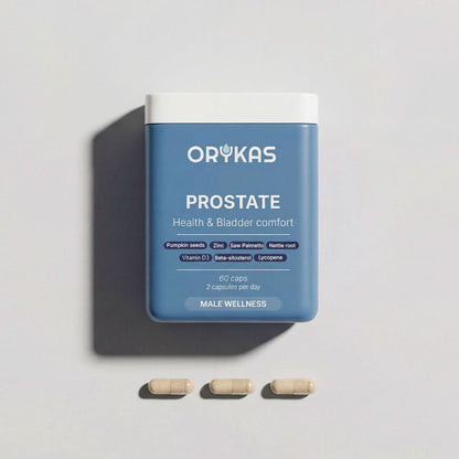 Orykas Prostate Health supplement bottle – natural formula to support prostate function and help reduce urinary incontinence symptoms in men