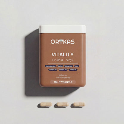 Orykas Vitality supplement bottle – natural formula to boost men's energy, libido, and overall vitality