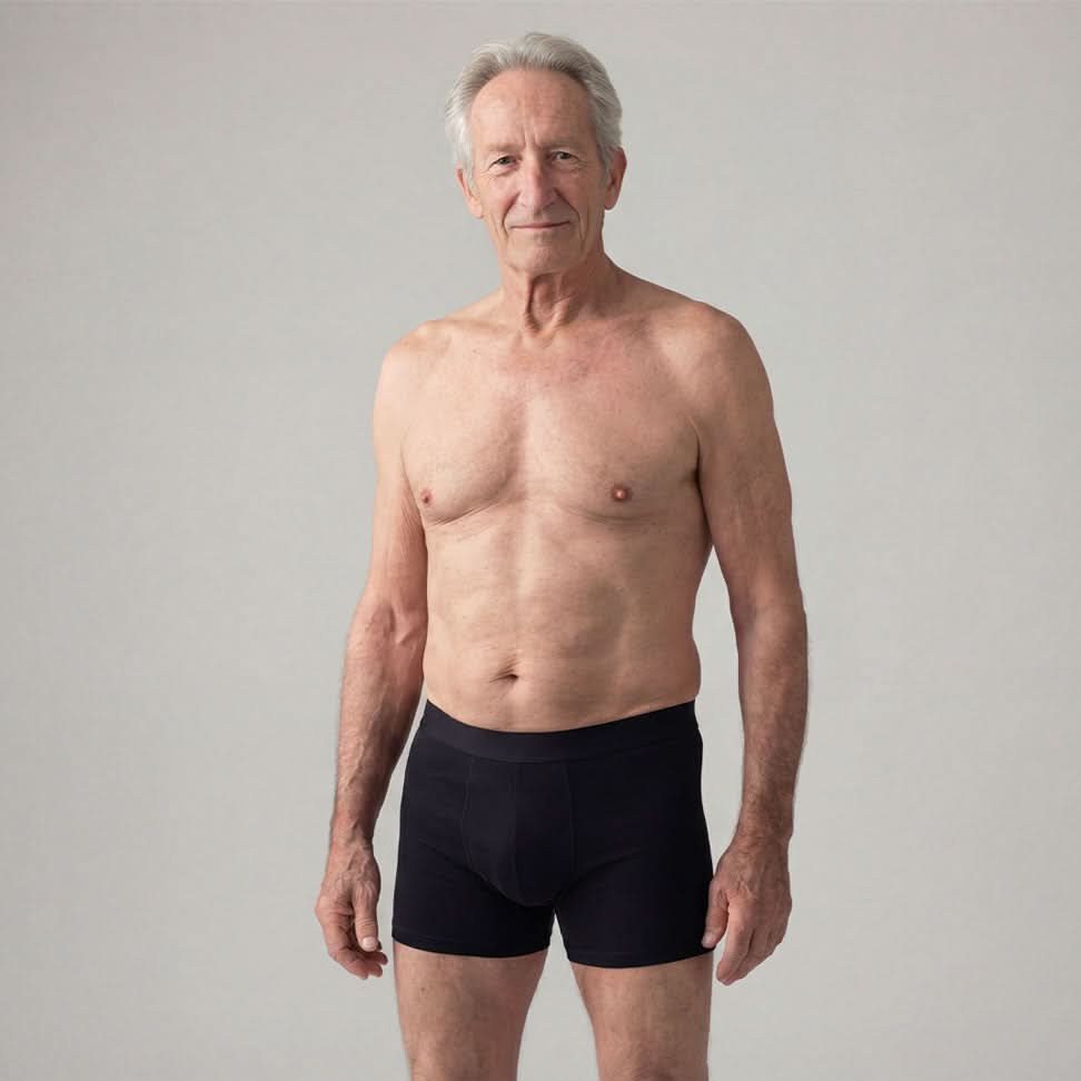 Senior man wearing black absorbent boxer briefs for light bladder leaks, discreet and comfortable underwear, washable and reusable protection for mild male incontinence, featuring a fitted, breathable design for everyday wear.
