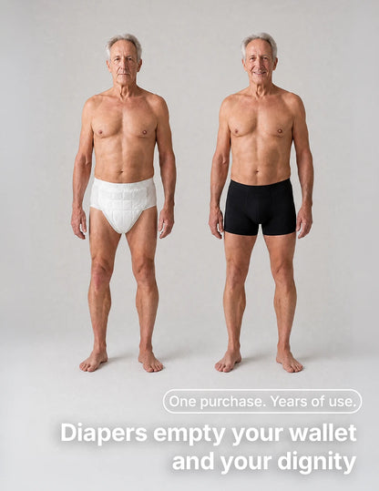 Orykas absorbent boxer briefs compared to adult diapers — discreet washable alternative for men with incontinence