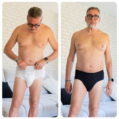 Comparison of a senior man wearing a white disposable pad and then a black Orykas absorbent brief, illustrating the difference between a bulky adult diaper and a discreet, stylish underwear designed for light to moderate bladder leaks.