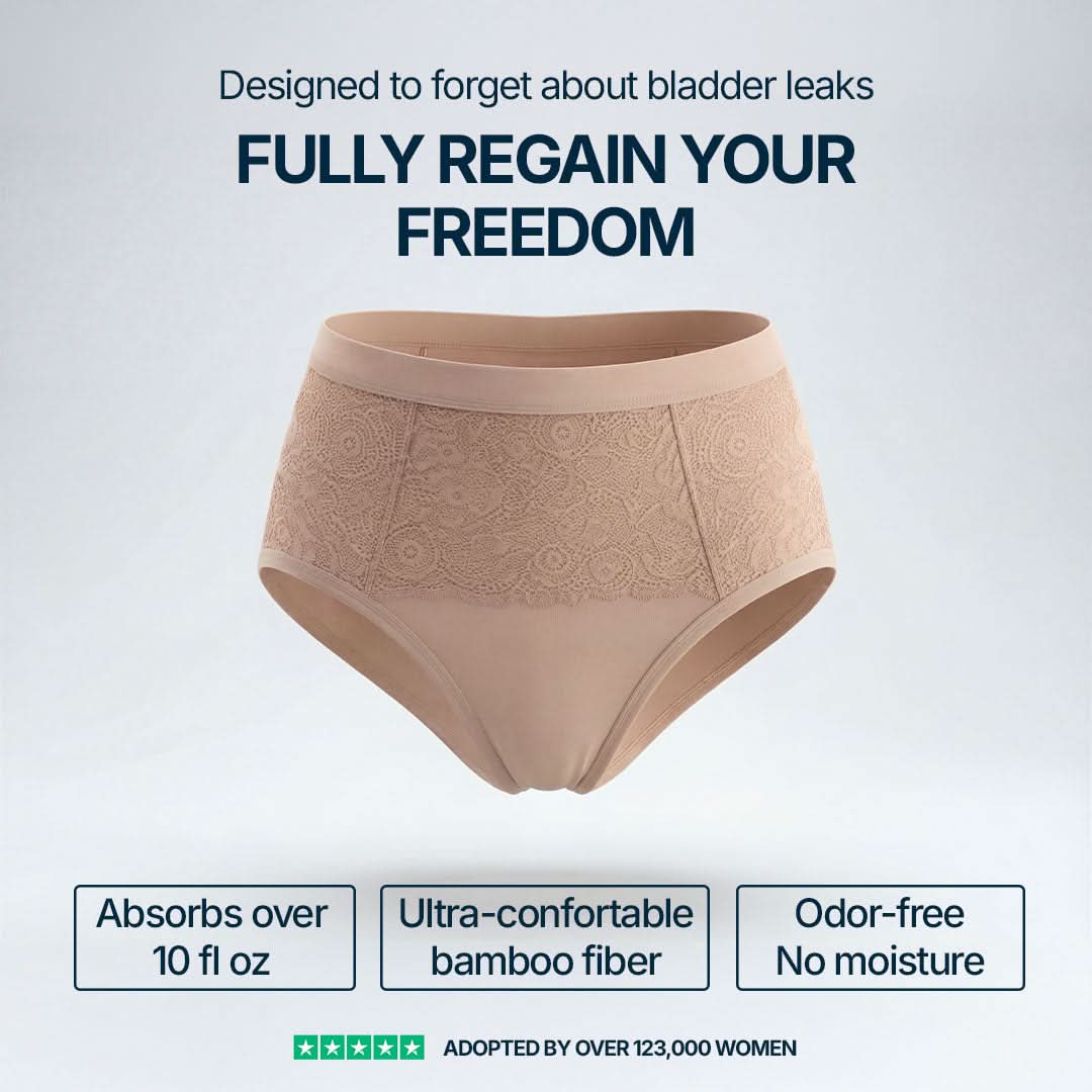Beige absorbent underwear for female incontinence, high-waisted design with elegant lace, absorbs over 10 fl oz, made from ultra-soft breathable bamboo fiber, odor-resistant and moisture-locking for all-day dryness.