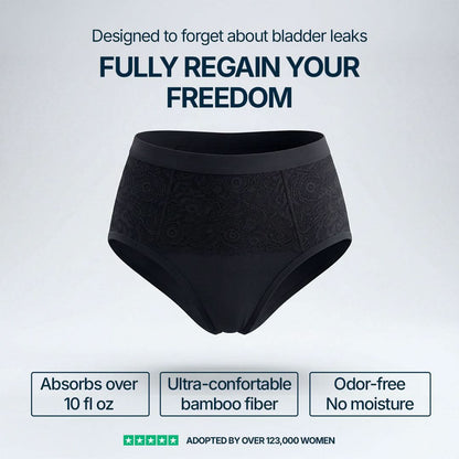 High-waisted black absorbent underwear for female incontinence with elegant lace detailing, absorbs over 10 fl oz, made from ultra-soft breathable bamboo fiber, odor-resistant and moisture-locking for all-day dryness.