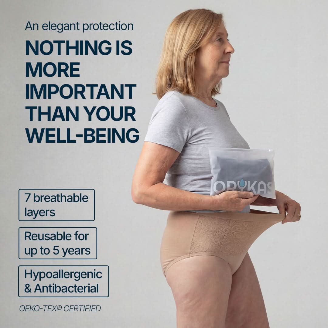 Woman wearing beige absorbent underwear for female incontinence, featuring elegant design with 7 breathable layers, reusable for up to 5 years, hypoallergenic and antibacterial, OEKO-TEX certified for safe and skin-friendly protection.