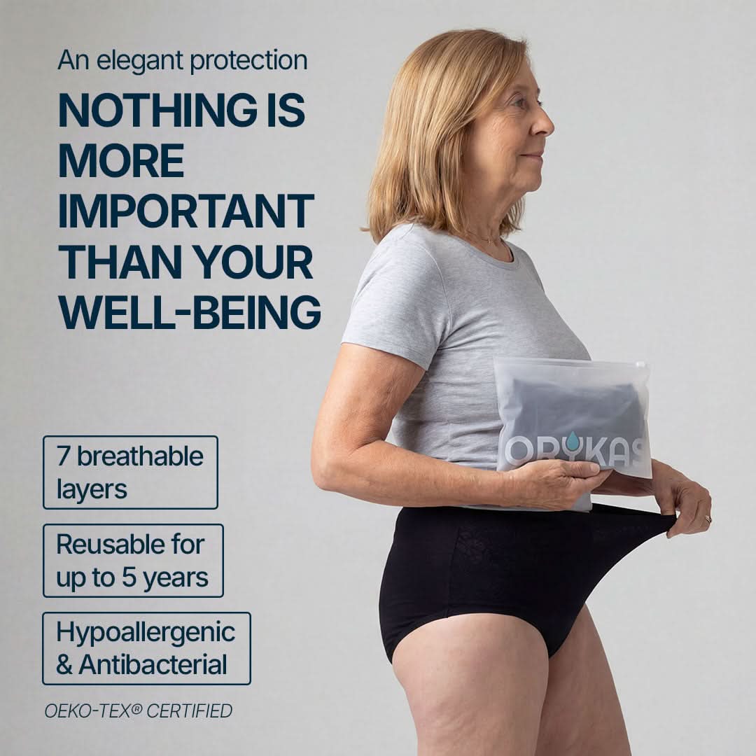 Woman wearing black absorbent underwear for female incontinence, featuring elegant protection with 7 breathable layers, reusable for up to 5 years, hypoallergenic and antibacterial, OEKO-TEX certified for safe, skin-friendly comfort.