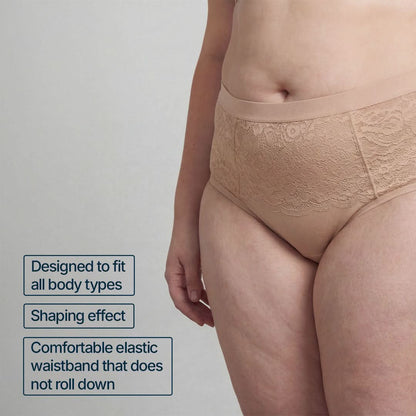 High-waisted beige absorbent underwear for female incontinence, designed to fit all body types with a smoothing effect and non-rolling elastic waistband, ideal for light to moderate bladder leaks.
